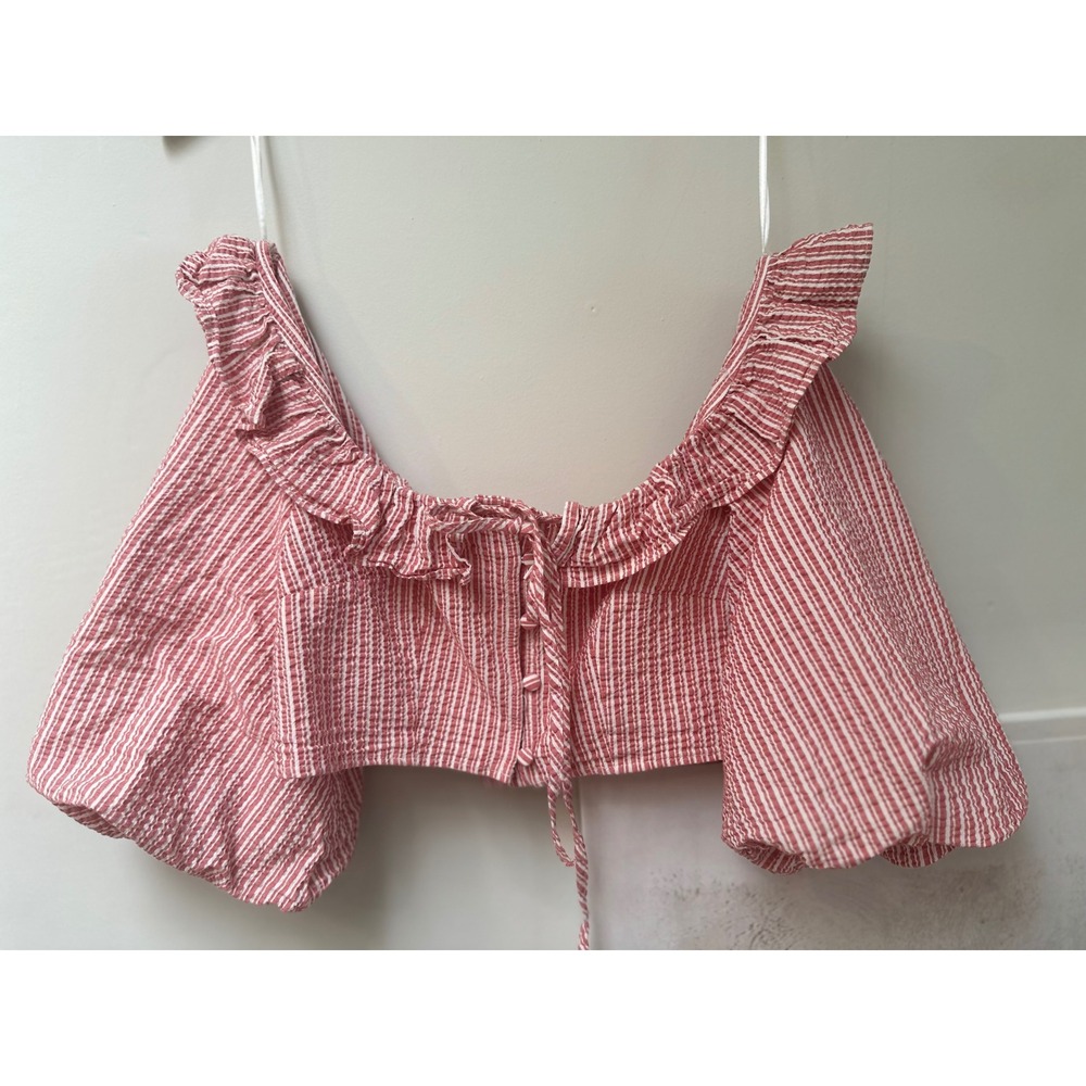 Red White Striped Seersucker Ruffle Crop Top Puff Sleeves Coquette Cottagecore